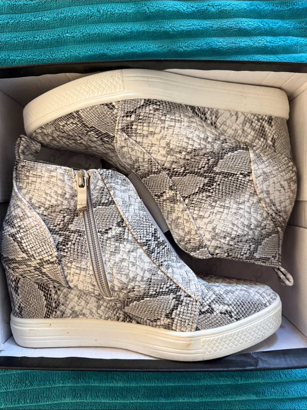 Premium Snake-Print High Top Wedge Sneakers in Gray
